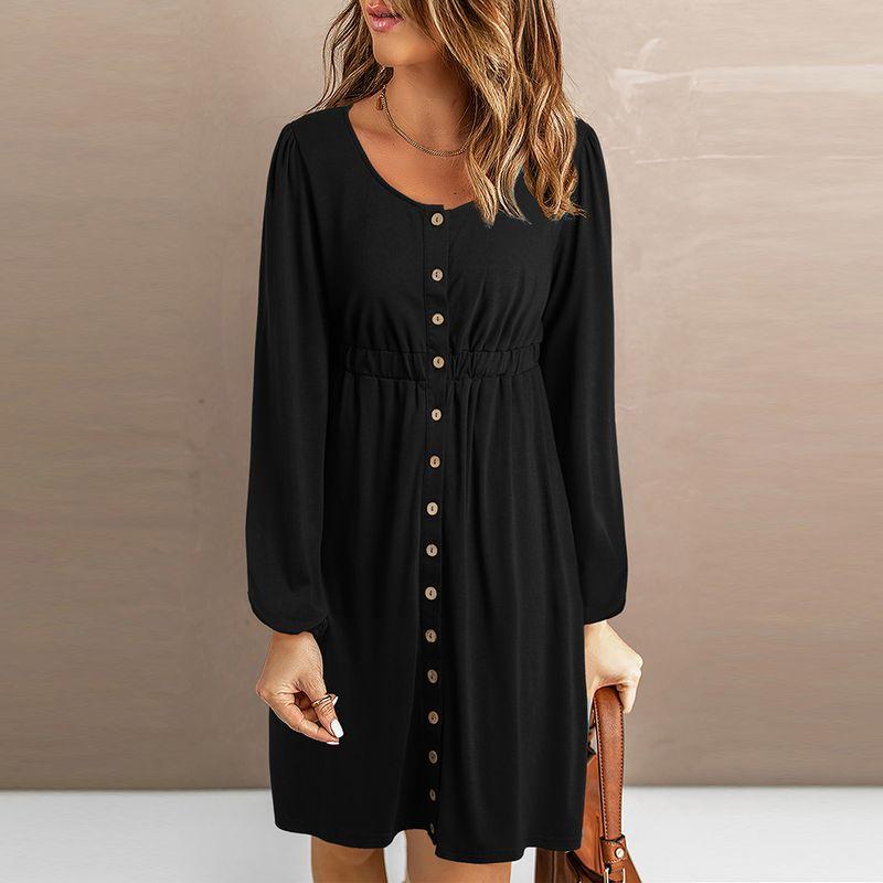 

Spring & Fall Square Collar Single Breasted Fashion Waist-Tight Dress Black S code fits (45.00 kg-55.00 kg