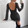 Elegant Women Mesh Polka Dot Print Round Neck Backless Long Sleeve Dress Mature Style French Retro Patchwork Slim Sexy Elegant Women Maxi Dress