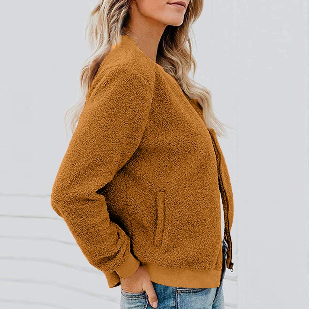 Damska Modna Ciepła Kurtka Ze Strzyżonego Futra z Zapinanym Na Zamek Jednokolorowa Odzież Wierzchnia