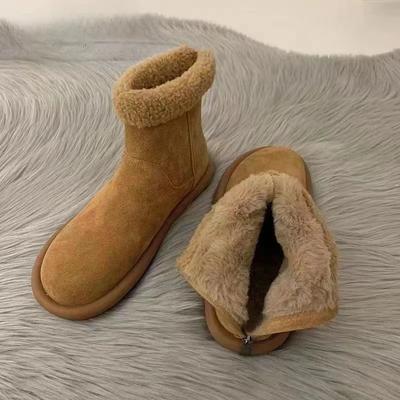Mode Dames Suède Enkellaarzen Winter Achterrits Plus Fluweel Platte Laarzen Dames Schoenen Mode Dames Warme Korte Katoenen Schoenen 35-40