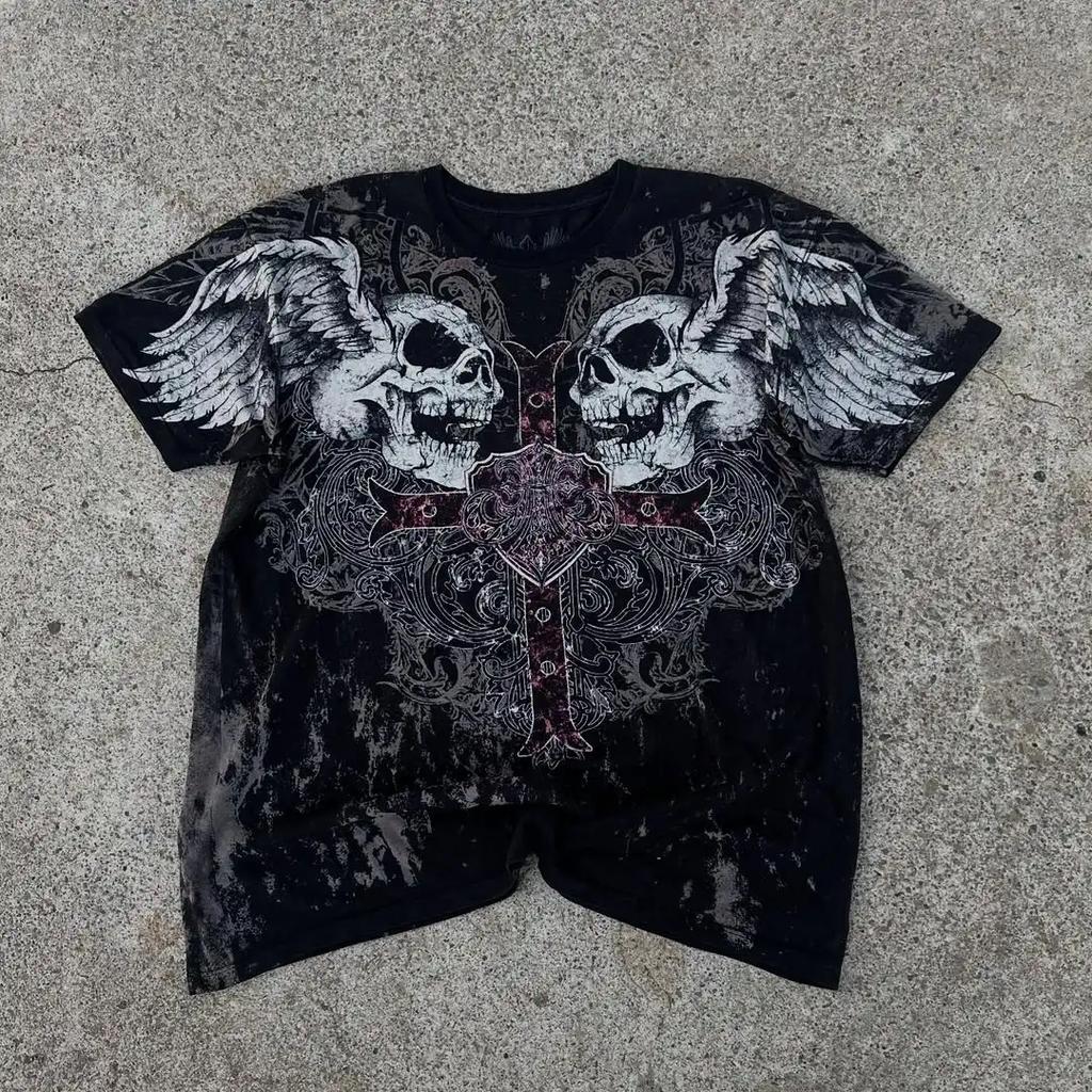 Y2K Style Gothic Affliction Distressed Cotton Shirt Oversized Punk Graphic Print Washed Soft Round Neck Tee Retro Short sleeve