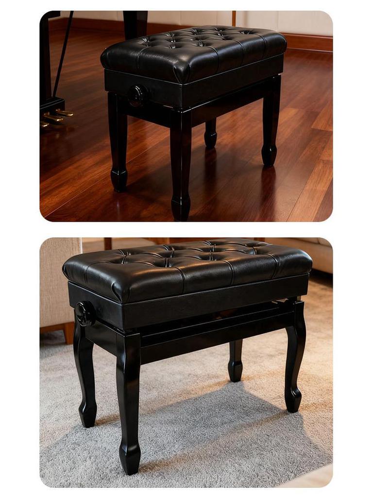 Oak Wood Piano Stool with Leather Seat and Horseshoe Legs for Children