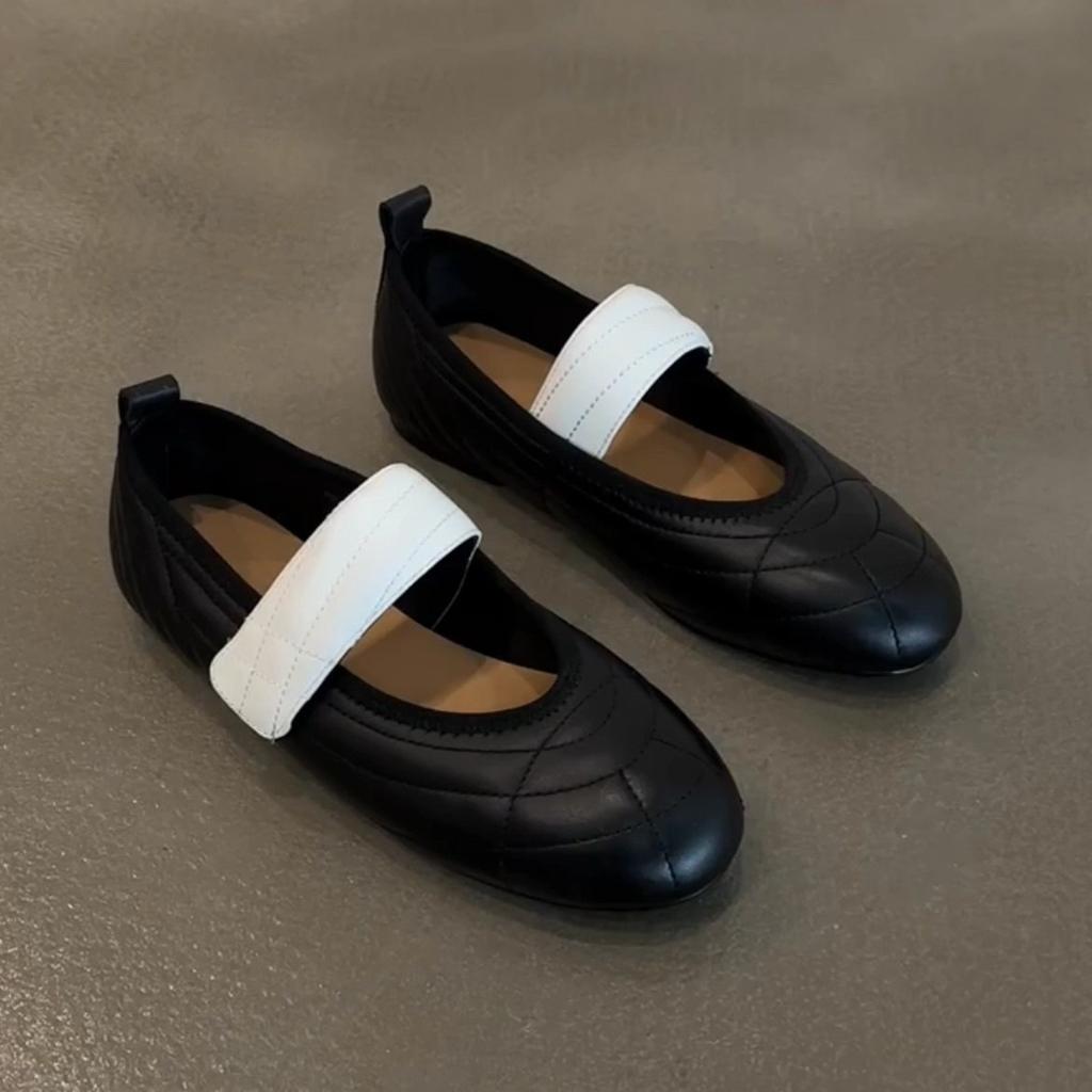 Soft Leather Version~ French Leather Light Mouth Mary Jane Shoes Women's 2025 New Velcro Color Matching Flat Ballet Shoes