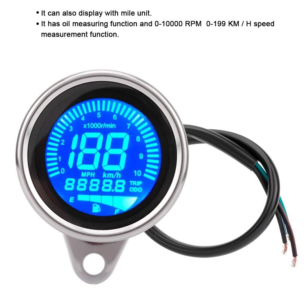 Akozon Tachometer Motorcycle LCD Meter Tachometer Gauge Odometer Speedometer 0-199km/h (Silver Plated)