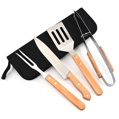 Outdoor BBQ Tool Set: Charcoal BBQ Tools with Wooden-Handled Kitchen Knife, Shovel, Fork, and Tongs.