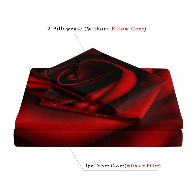 3pcs Romantic Valentine'S Day Bedding Set Red Rose Love Floral Duvet Cover Set Gifts for Lover(1 Duvet Cover And 2 Pillowcases)