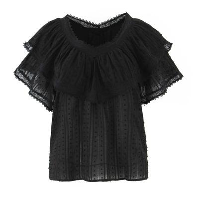 Timeless V-Neck Lace Trim French Ruffle Shirt – Sweet, Small, 2026 Style with Two Color Options, Short Sleeves