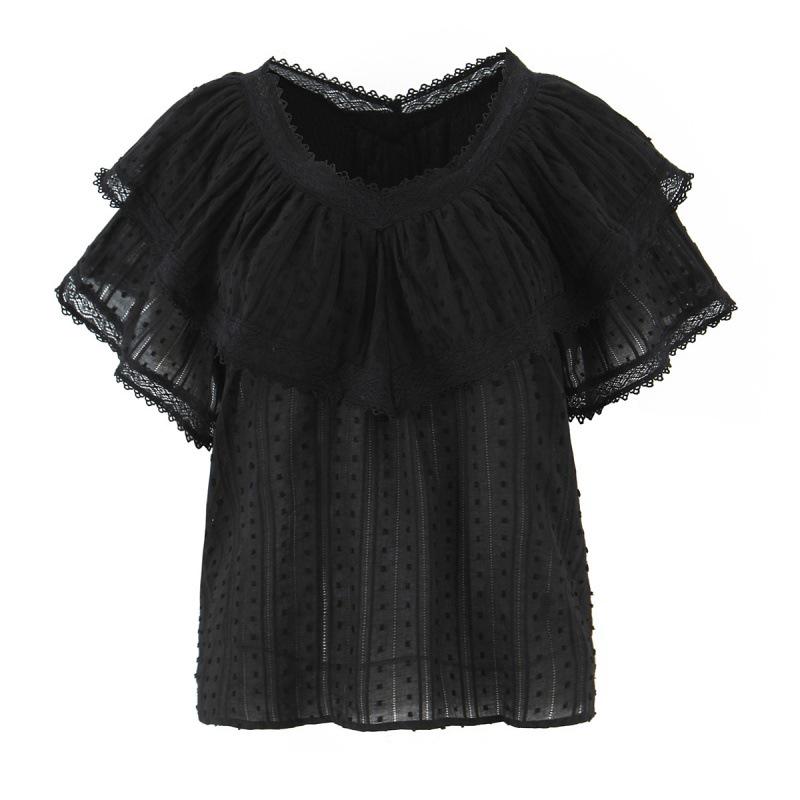 Timeless V-Neck Lace Trim French Ruffle Shirt – Sweet, Small, 2026 Style with Two Color Options, Short Sleeves
