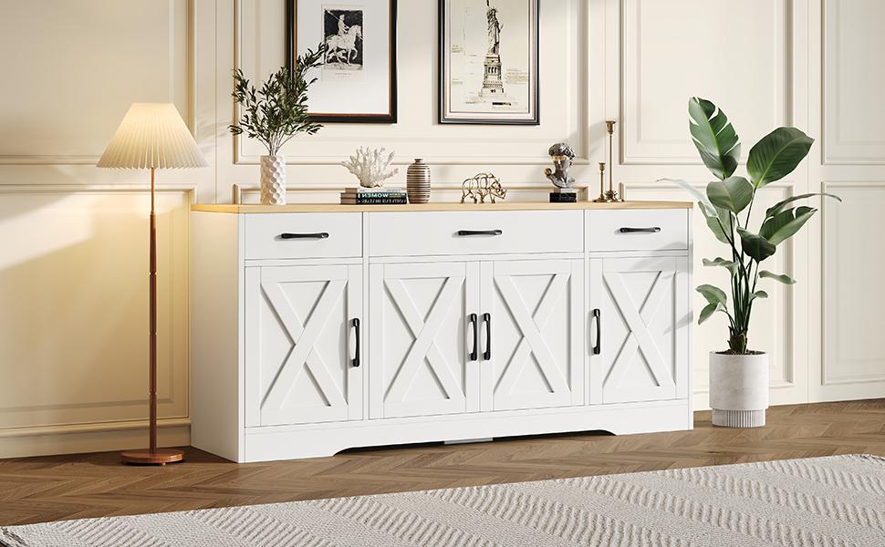 Modernes weißes Sideboard, Multifunktionaler Holzschrank, Wohn- und Esszimmerschrank, Weißes Sideboard mit Dekoration