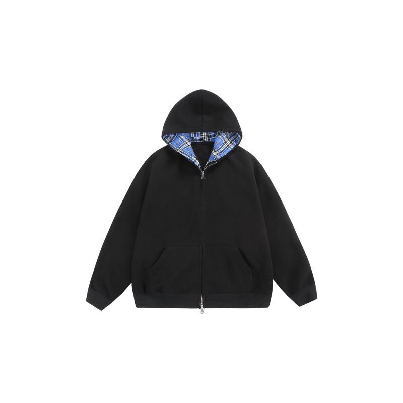 

2024 Autumn/Winter Plaid Patchwork Faux Two-Piece Couple Hooded Cardigan Sweatshirt Double Extra Large