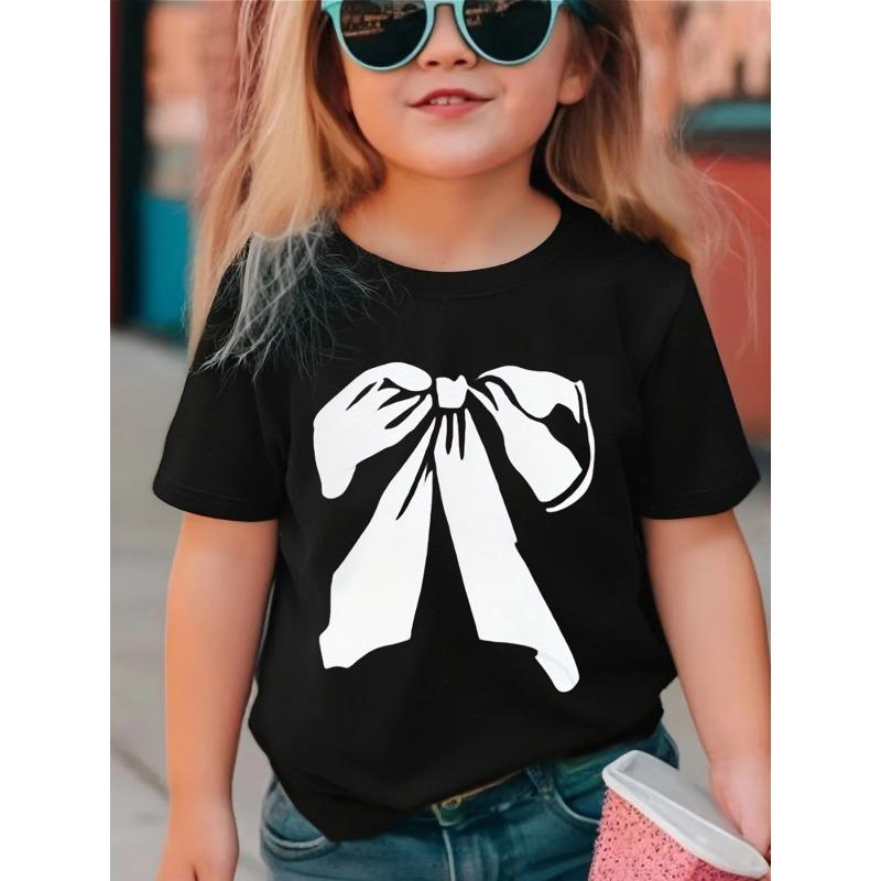 European sizes Girls' Short-Sleeve T-Shirt | Black Bow Print, Trendy Pattern Design, Soft and Comfortable for Everyday Wear, Suitable for Outdoor