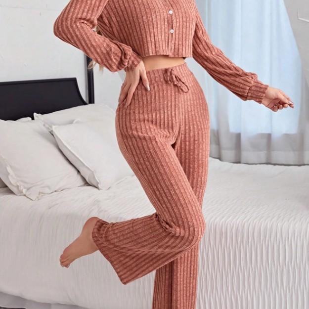 Spring Autumn Women Cardigan Sleepwear Solid V-neck Y2k Pajamas Set Casual Sexy Crop Tops and Long Trousers Loungewear Nightwear