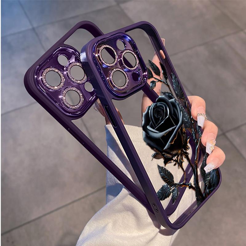 Black Rose flower phone case for iPhone 11 12 13 14 15 16 17 Pro Max case Bling elegant camera protection transparent Cover