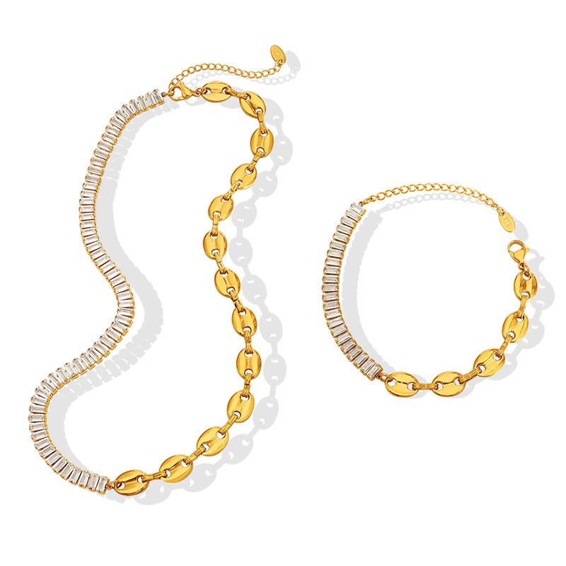 Geometric Zircon Pig Nose Spliced Bracelet & Necklace Set - European/American Nude Chain, Non-Fading P196-E009