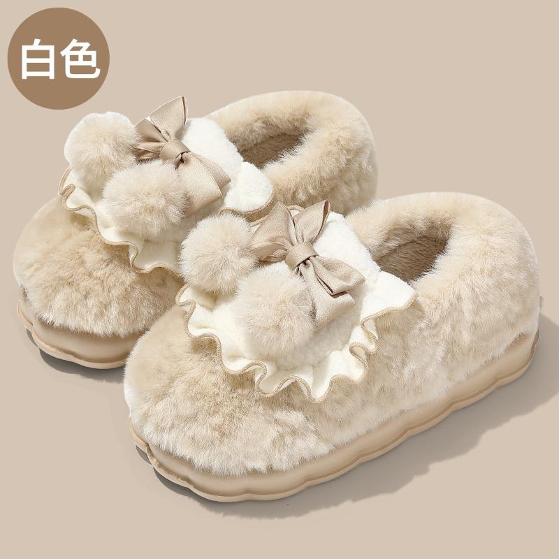 Heel cotton slippers winter bow indoor home non-slip piled thickened bottom fluffy cotton shoes