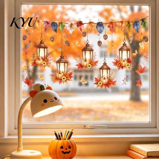 Autumn Scene Window Stickers Maple Leaf And Lantern Static Sticker, Double Sided PVC Waterproof Seasonal Art Decals, Removable Electrostatic