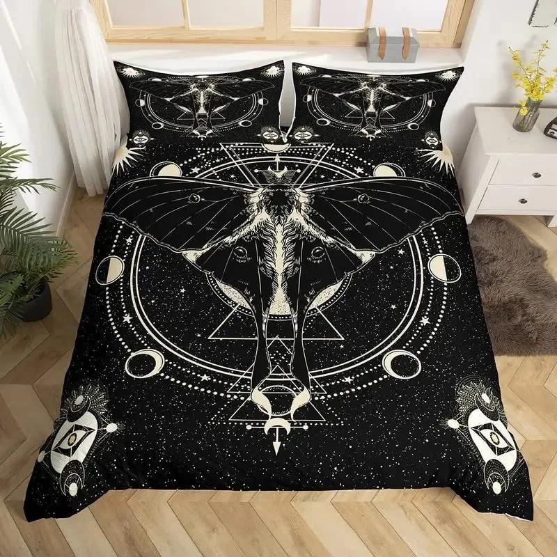 Gothic Skul Soft Duvet Cover Set, Death Moth Plus Flowers Warm Comforter Cover King Personalized Skeleton Bones Beding Sets Black Cream