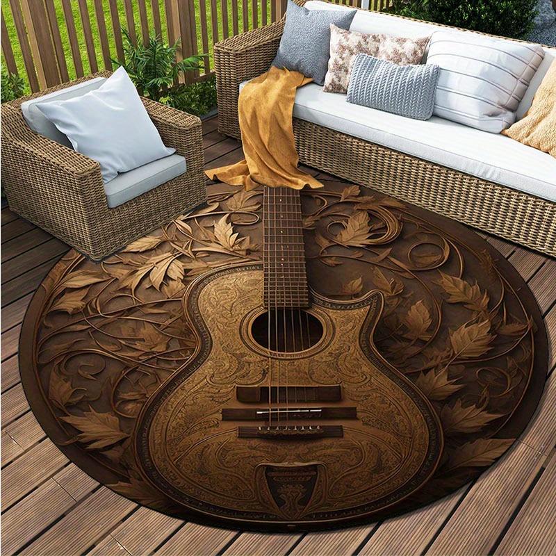 Samt Gitarre & Ahornblatt Runde Matte - Nur Handwäsche Tragbarer Teppich für Wohnzimmer, Schlafzimmer, Büro & Camping Dekoration