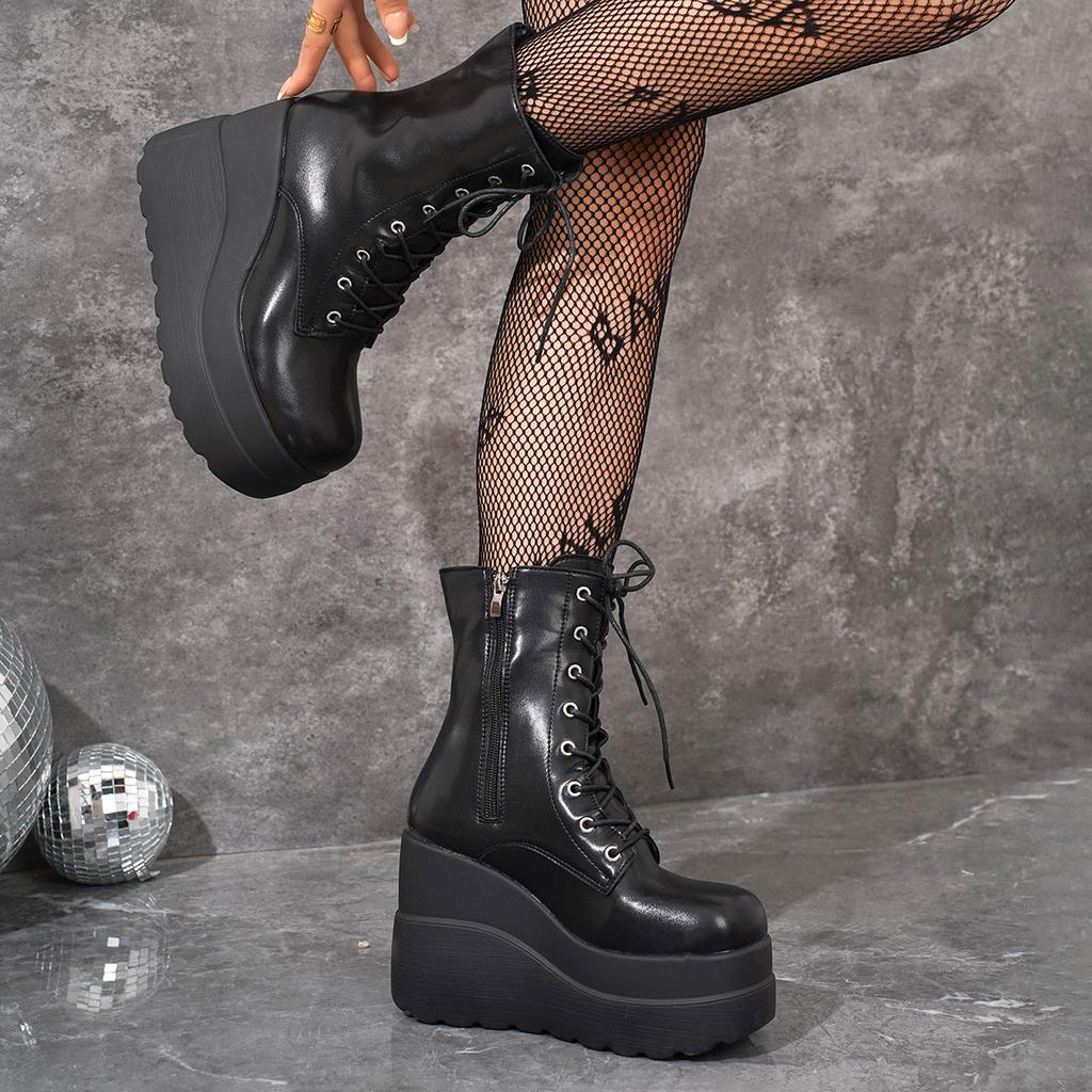 Small Man Height Increase Martin Boots Women's Autumn New High-heeled British Style Fried Street Muffin Bottom Slope Heel Short Boots