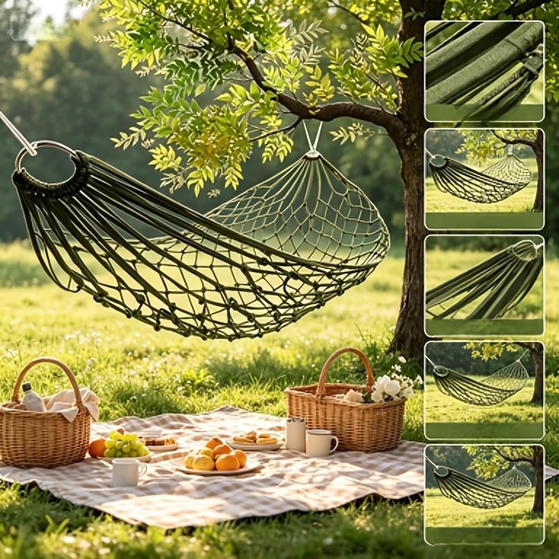Portable Nylon Rope Net Hammock Breathable Camping Hanging Bed With Metal Rings For Outdoor Hiking Travel Garden