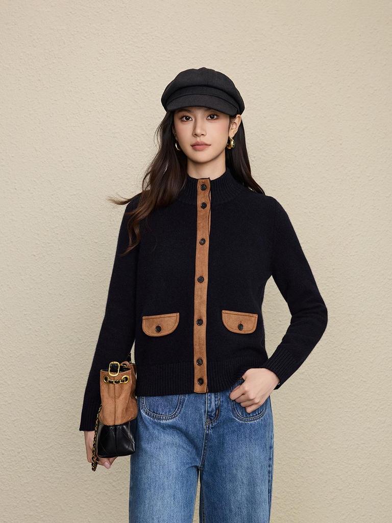 L*P Pure Wool Old Money Style Patchwork Stand Collar Cardigan Sweater Coat