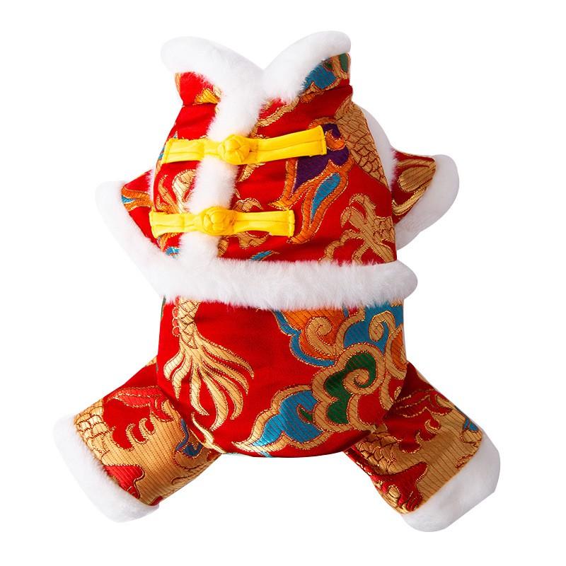 Pet Dog Cat Chinese New Outfit Red Gold Cloud Dragon Costume Four-Legged Warm Cotton Suit Adult Kitten