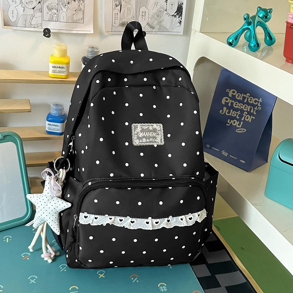 Schoolbag Milk White Polka Dot Backpack ins Niche Middle and High School Elementary School Bag Women's Lace Light Casual Backpack