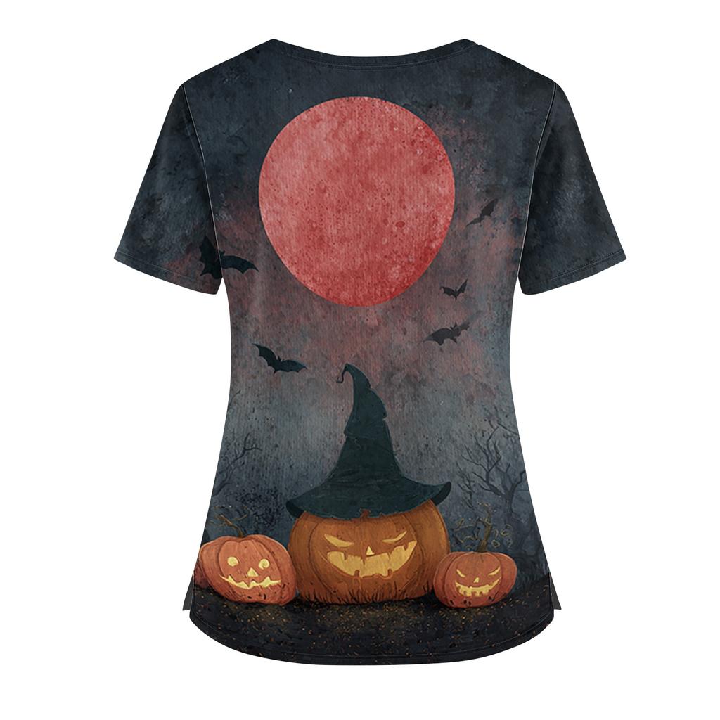 Halloween Print V Neck Short Sleeve Nurse Top with Double Pockets and Side Slits Suitable for Healthcare Workers and Caregivers