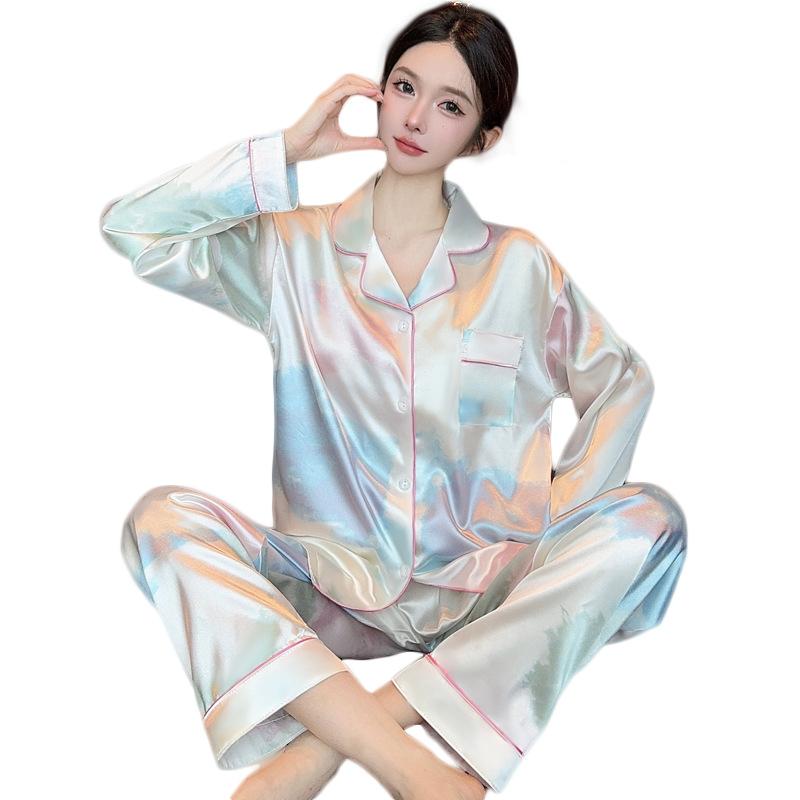 Spring And Summer Dopamine Gradual Change Tie-Dye Fashion Lapel Pajamas Women'S Long-Sleeved Trousers Loungewear Set