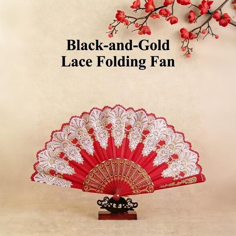Red Lace Folding Hand Fan Gold Embossed Pattern Elegant Handheld Fan Lightweight Decor Fan For Wedding Party Cosplay Po Props