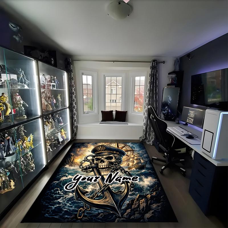 1PC Custom Name Nautical Skull Anchor Theme Floor Mat Ideal for Living Room, Game Rooms, Office, Bedroom,Floor Mat Playful Design