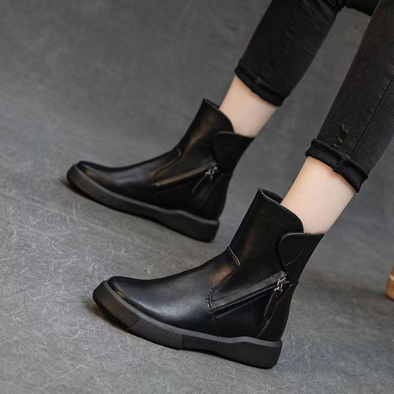 Women Real Leather Flat Sole Ankle Boots Autumn Winter New Soft Sole Non Slip Plush Keep Warm High Top Zippers Cotton Boots