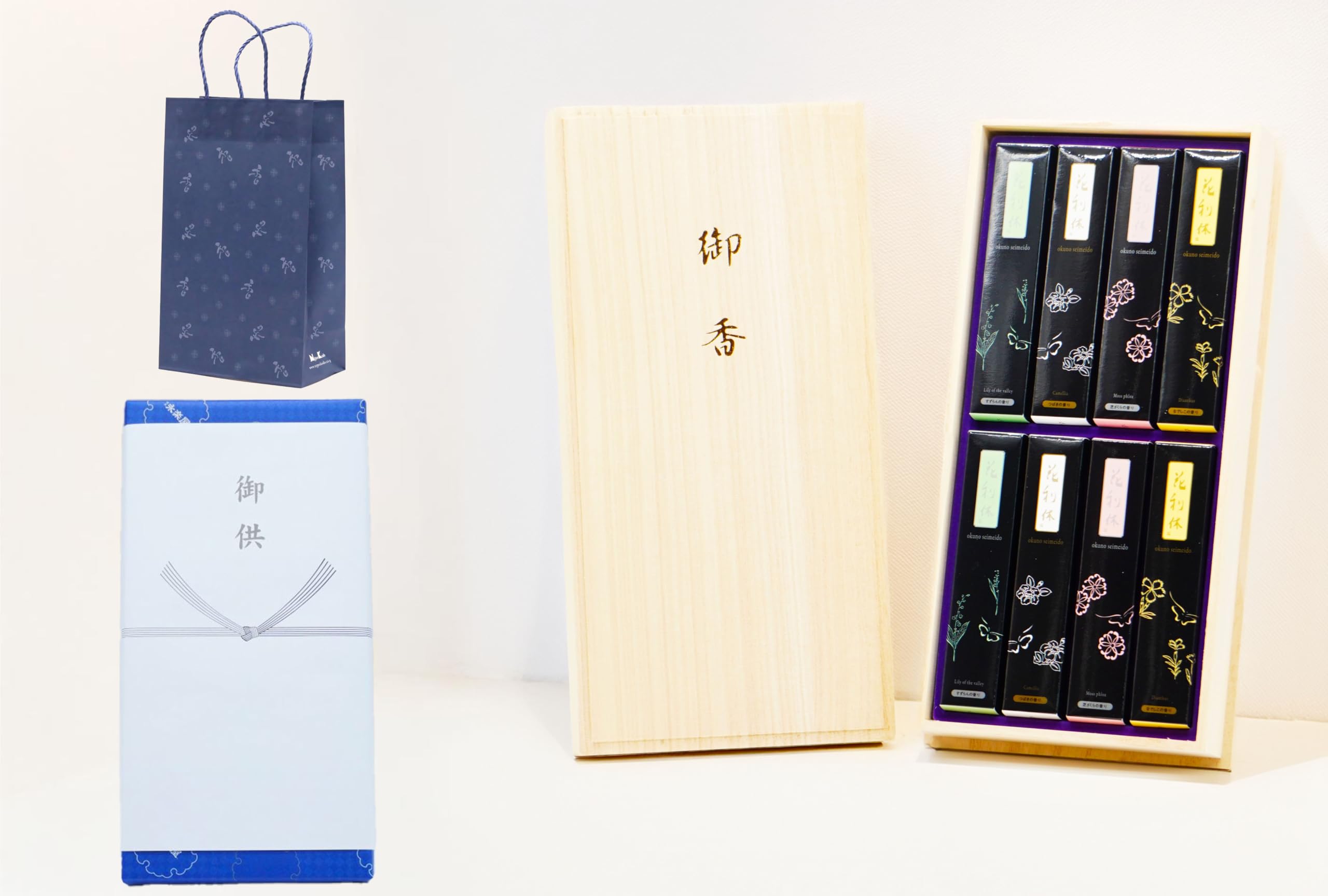 

[Включает сумку для переноски] [Ассорти из 4 ароматов Hana Rikyu] Набор благовоний, Сверхнизкое выделение дыма, Упакован в деревянную коробку из павловнии с подарочной упаковкой и ноши