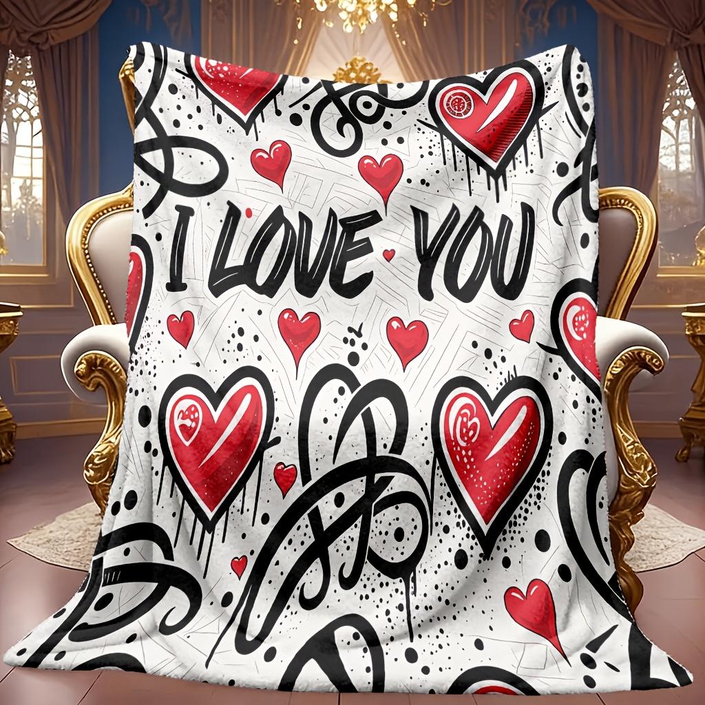 A Cozy Fleece Blanket Featuring a Love Theme Design, Soft High-Definition Digital Printing In a Red And Black Heart Graffiti Style, Suitable for All Y