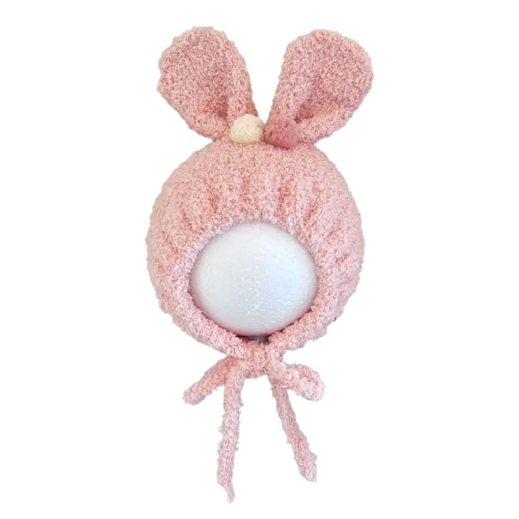 Baby Beanies with Tie Warm Lining Furry Pompoms Rabbit Ears Hat Adjustable Size Plush Hat Lovely Photo Props