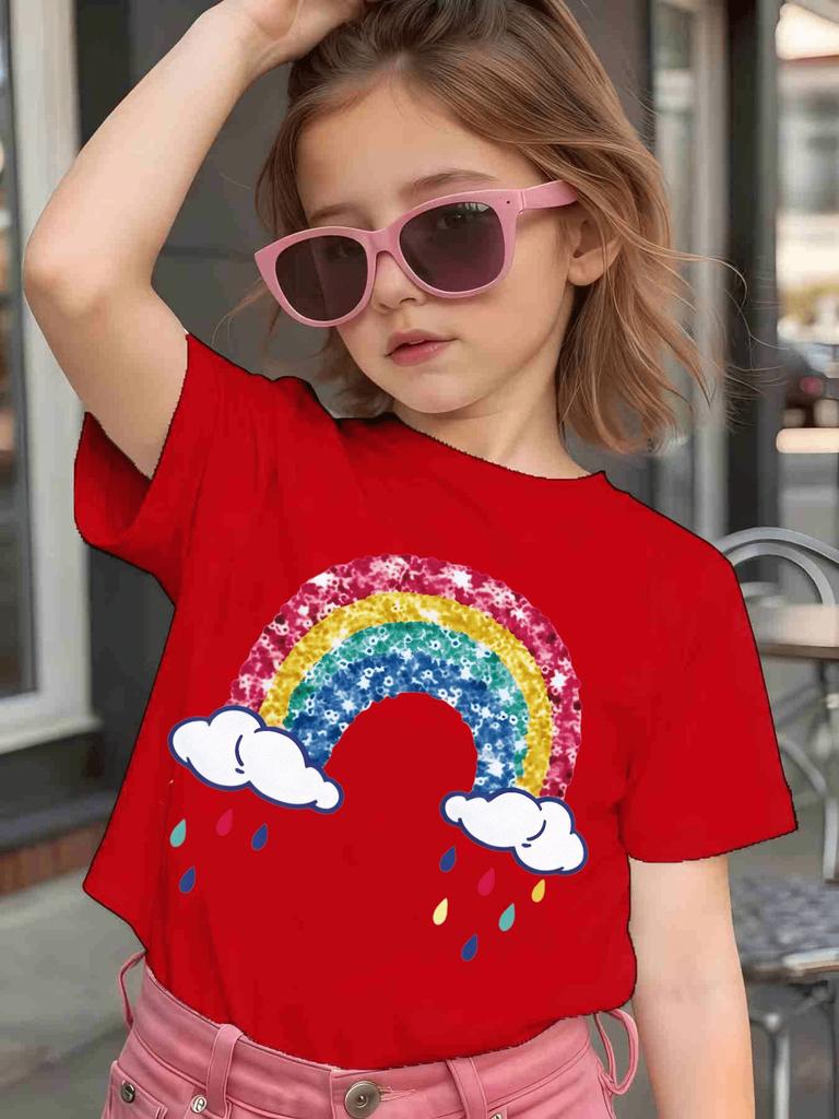 Glitter Rainbow Cloud Print Kids T Shirt Cotton Short Sleeve Boys Girls Parent Child Matching Summer Daily Casual Soft Tees