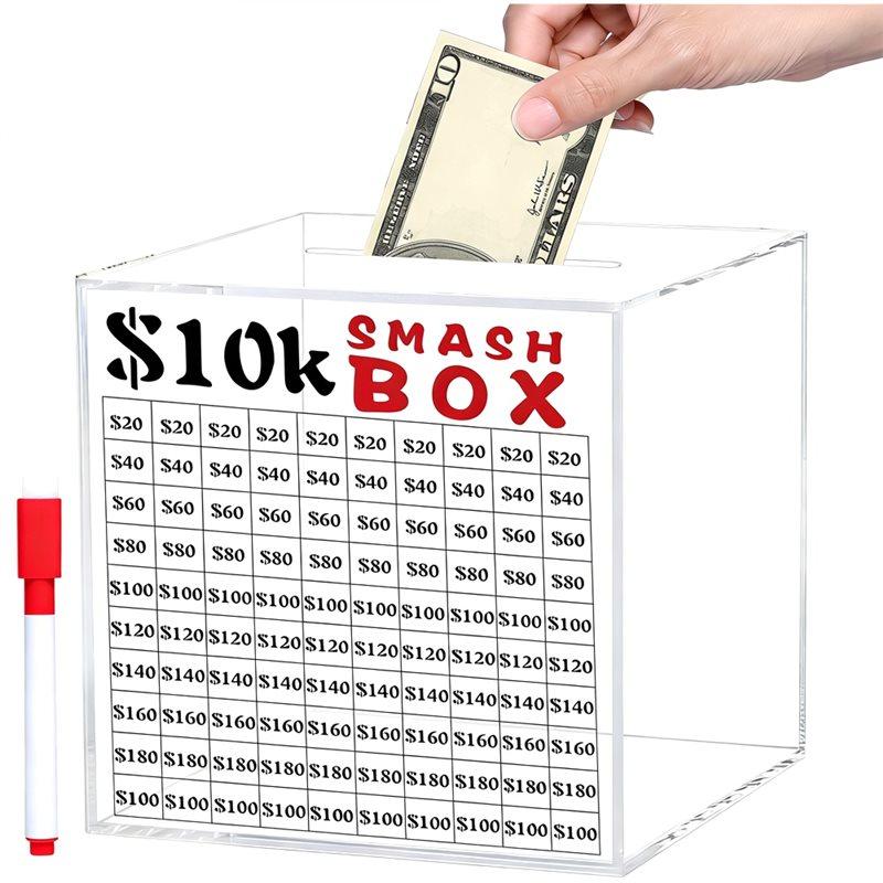 AB34-For Adults For Money Saving 10K Smash Box Unbreakable Clear Acrylic Saver Piggy Bank 10000 For Money Saving Challenge Box