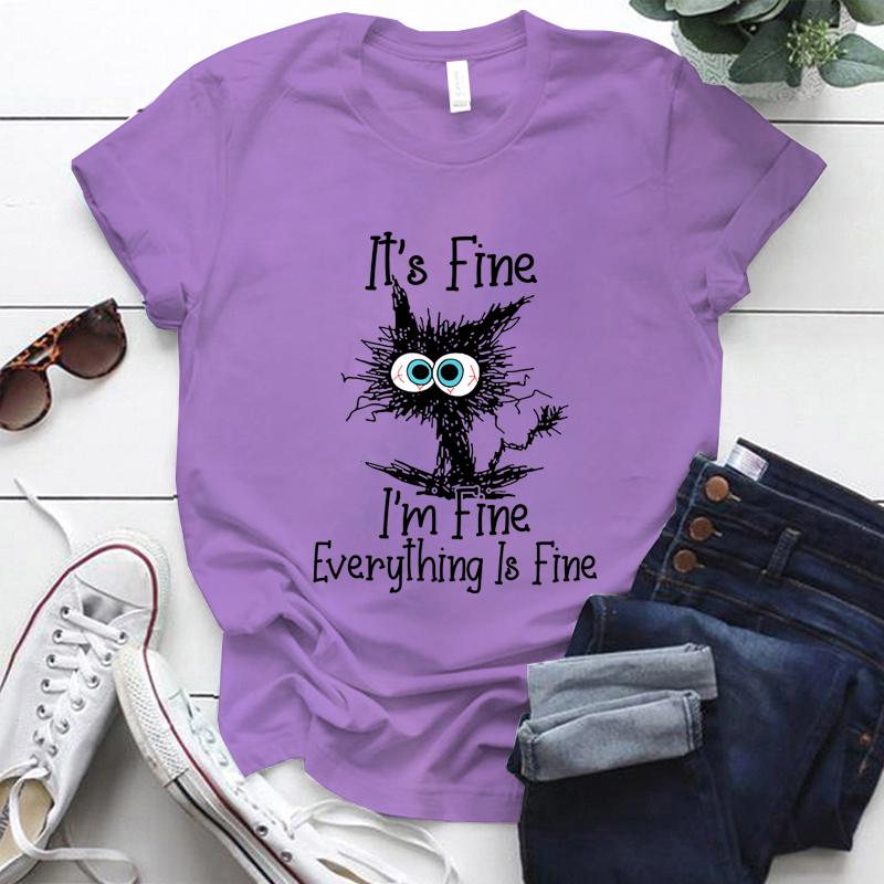 Fine Everything Is Fine Funny Cat Print T-Shirt Men's and Women's Casual Top Funny Cat Summer Loose Short Sleeve Shirt