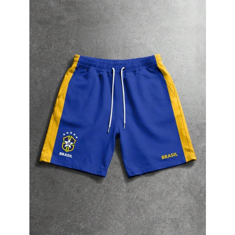 Herren Brasilien JR Fußballshorts Blau Gelber Besatz, Brasilien Wappen Atmungsaktiv Streetwear Sportshorts für Fußballfans 2026 6XL