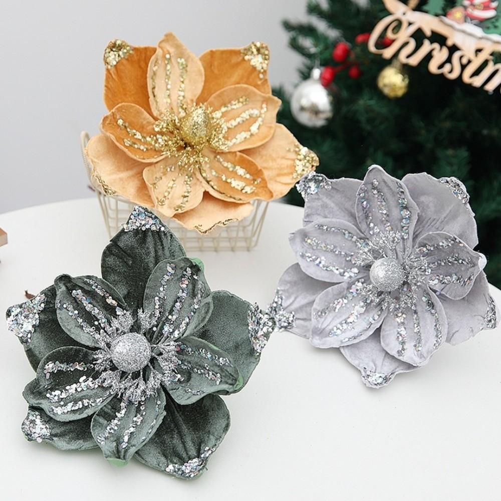 Sequin Artificial Poinsettia Glitter Flower 21cm 3D Simulation Magnolia  Wedding Party Decoration