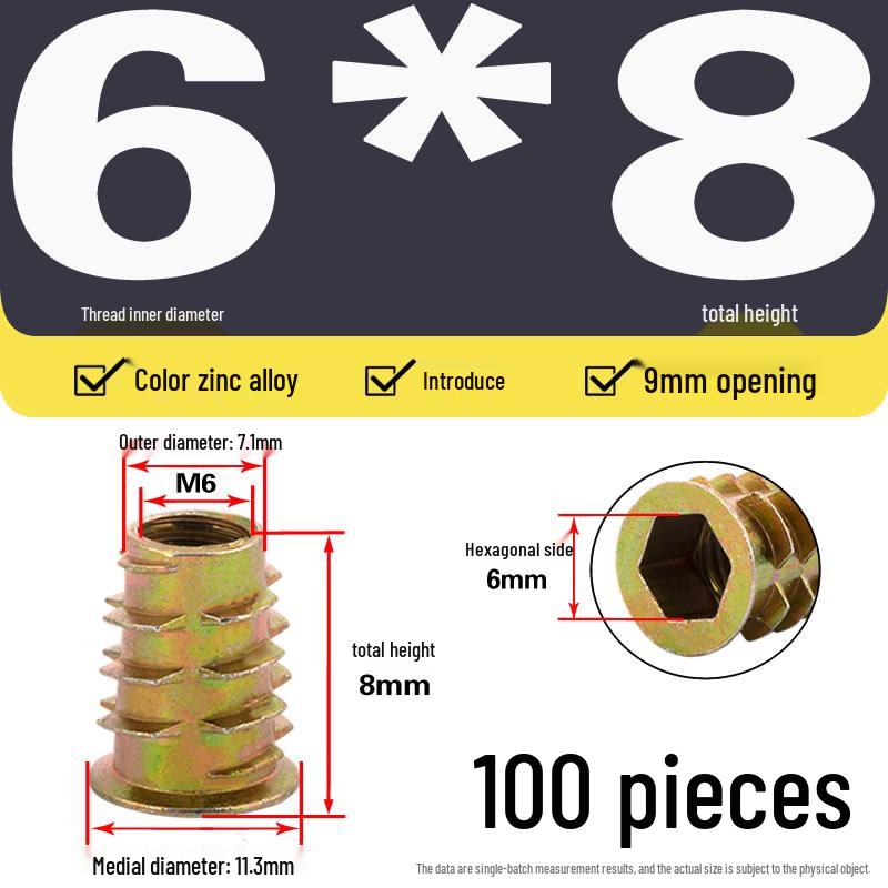 Zinc Alloy Hex Self-Tapping Nut with Washer for Furniture, Internal/External Thread, Medium Wood, Sizes M4-M8.