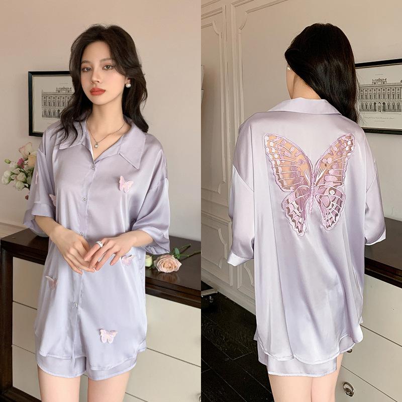 Butterfly Pajamas Summer Cardigan Short Sleeve Shorts Set Lapel Loose and Comfortable Ice Silk Satin Pajama Set