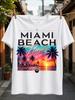 Miami Beach Florida Schriftzug mit Sonnenuntergang Skyline Palmen und Goldgerahmter Tropischer Reise-Stil Unisex Alles T-Shirt