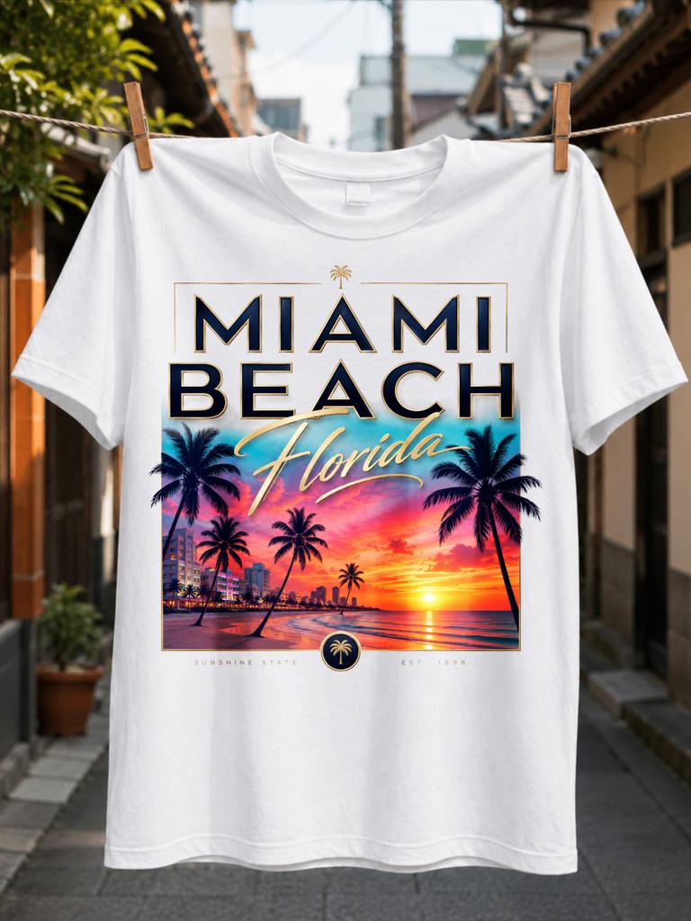 Miami Beach Florida Schriftzug mit Sonnenuntergang Skyline Palmen und Goldgerahmter Tropischer Reise-Stil Unisex Alles T-Shirt
