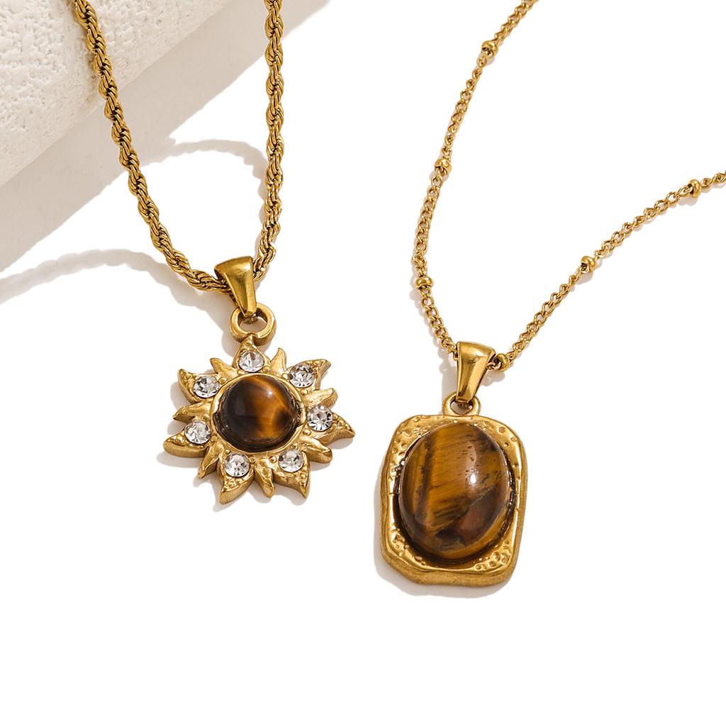 18K Stainless Steel Snake Bone Chain Maillard Tiger's Eye Square Necklace French Ins Style Retro Oval Gemstone Necklaces
