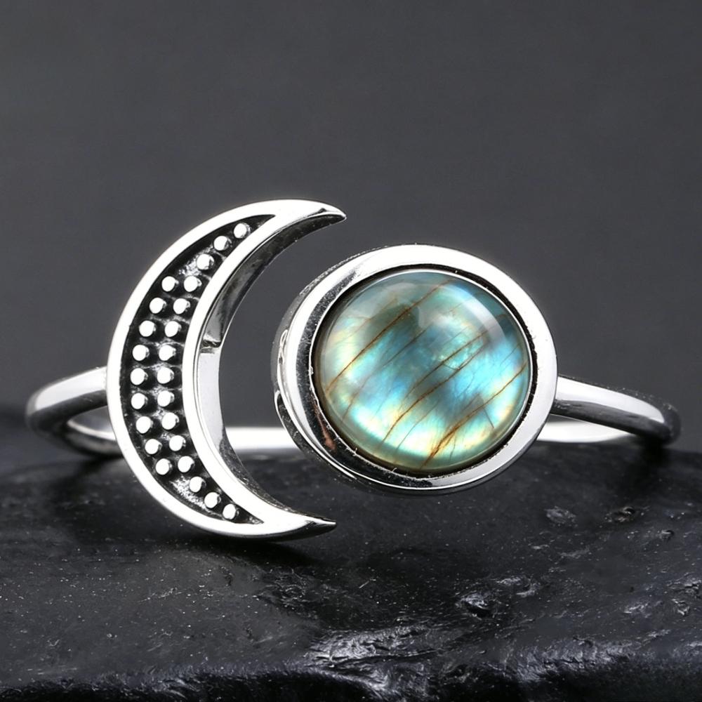 Moonstone CopperMoon Ring, Vintage Crescent & Starry Pattern Open Ring, Boho Women's Fashion Jewelry Cross-Border Gift
