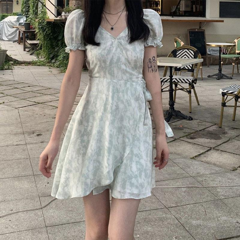 Sweet V-Neck Puff Sleeve Dresses Women's Broken Flowers Summer New Fashion Spliced Drawstring Elegant A-Line