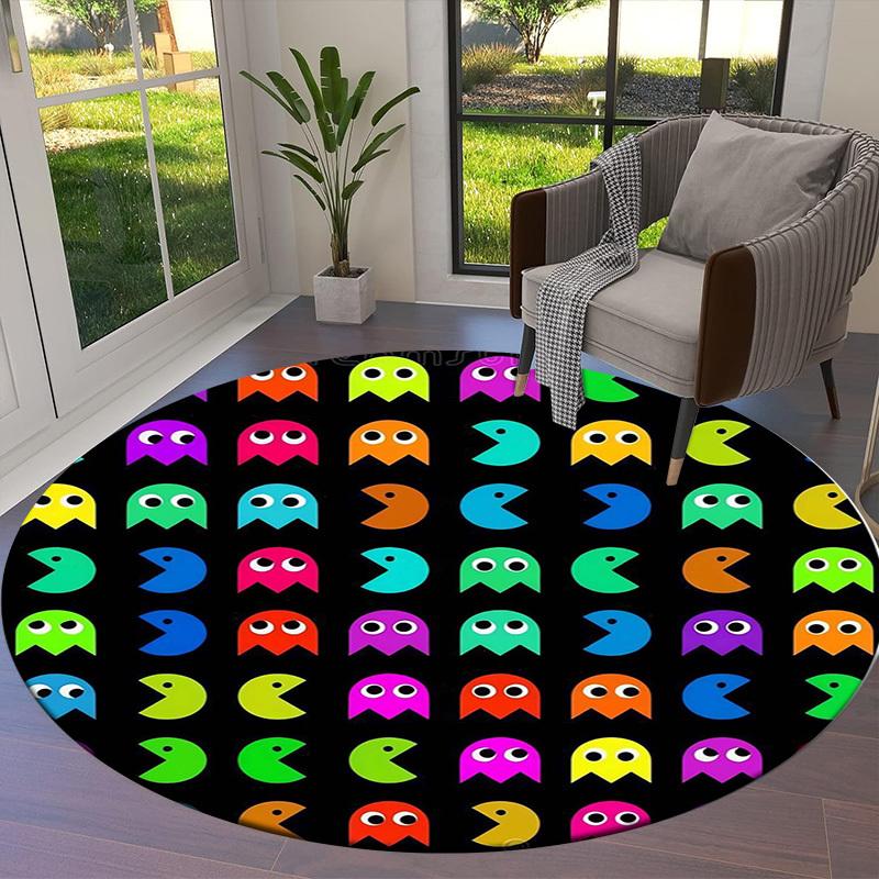 1pc Pac Man Characters Pattern Round Carpet, Made of Polyester,Perfect for Decorating Office Chairs, Living Rooms