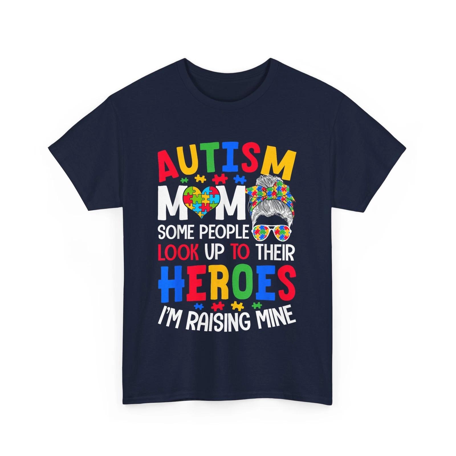 Autism Mom T shirt, Raising Hero Autism Awareness Messy Bun Woman Shirt XL