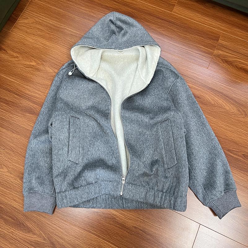 Heavyweight Double-Sided Wool Hooded Jacket Coat, Double Layer Color Block, Zipper Hoodie for Men and Women.